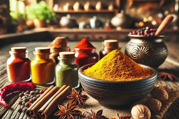 DALL·E 2025-02-02 19.09.19 - A visually captivating scene of high-quality, fresh spices displayed beautifully on a rustic wooden kitchen surface. Vibrant spices like golden turmer
